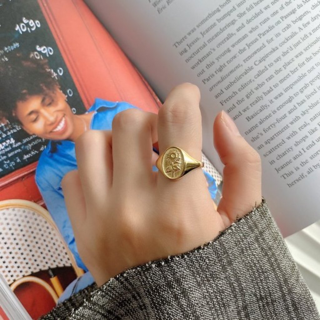 18k Goldplated Sunflower Floral Signet Ring
